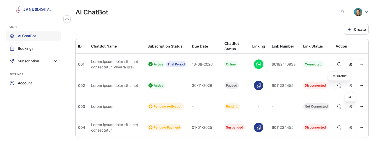 Janus Business Portal Dashboard with AI Hospitality Chatbot preview