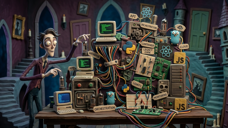 Mad scientist adjusts a chaotic rack of vintage computers and cables labeled with tech terms on a whimsical set.