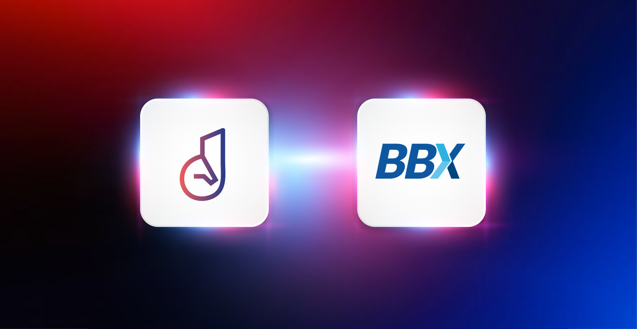 Two glowing rounded-square app icons on a red-to-blue gradient; left icon shows a purple teardrop-like logo, right icon shows 'BBX' in blue.