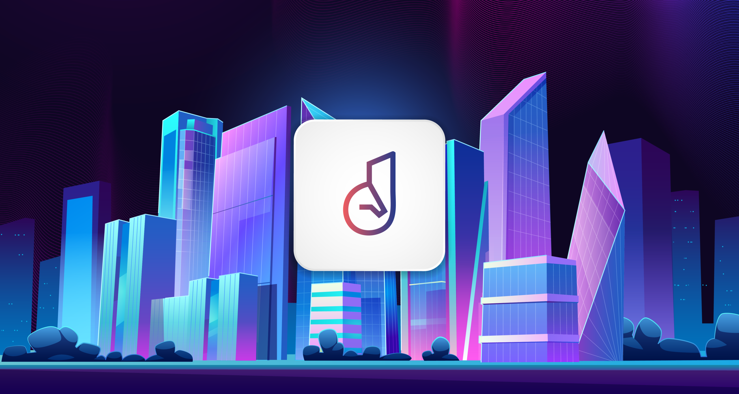 Futuristic neon cityscape at night with a white rounded-square app icon in the center displaying a stylized purple-red logo.