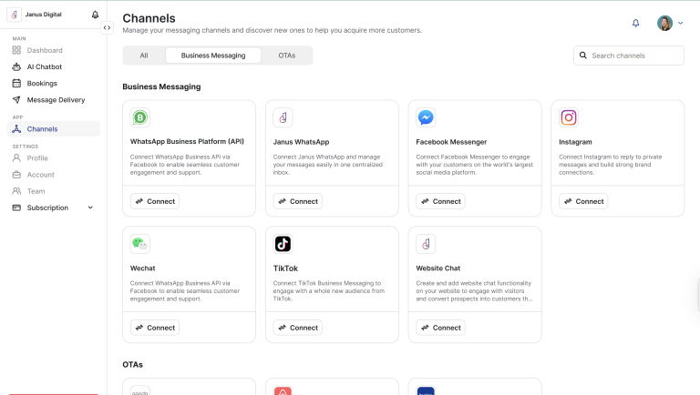 Channels management dashboard showing a grid of messaging channels (WhatsApp, Janus WhatsApp, Facebook Messenger, Instagram) with Connect buttons on each card.