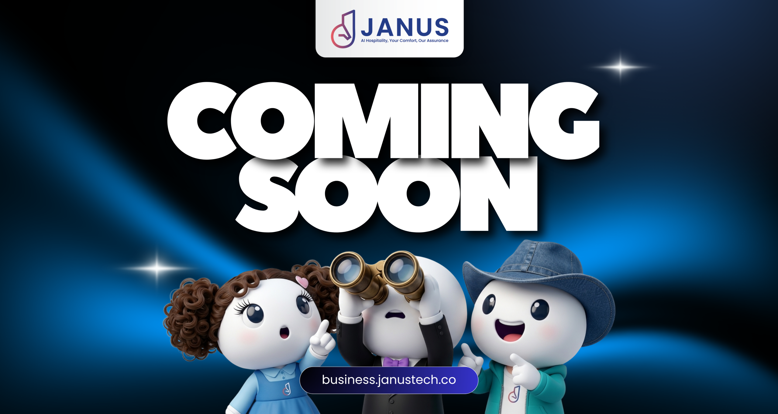 Banner announcing 'COMING SOON' with JANUS logo at top and three cartoon characters on a blue gradient background; includes the URL business.janustechn.co on a rounded badge