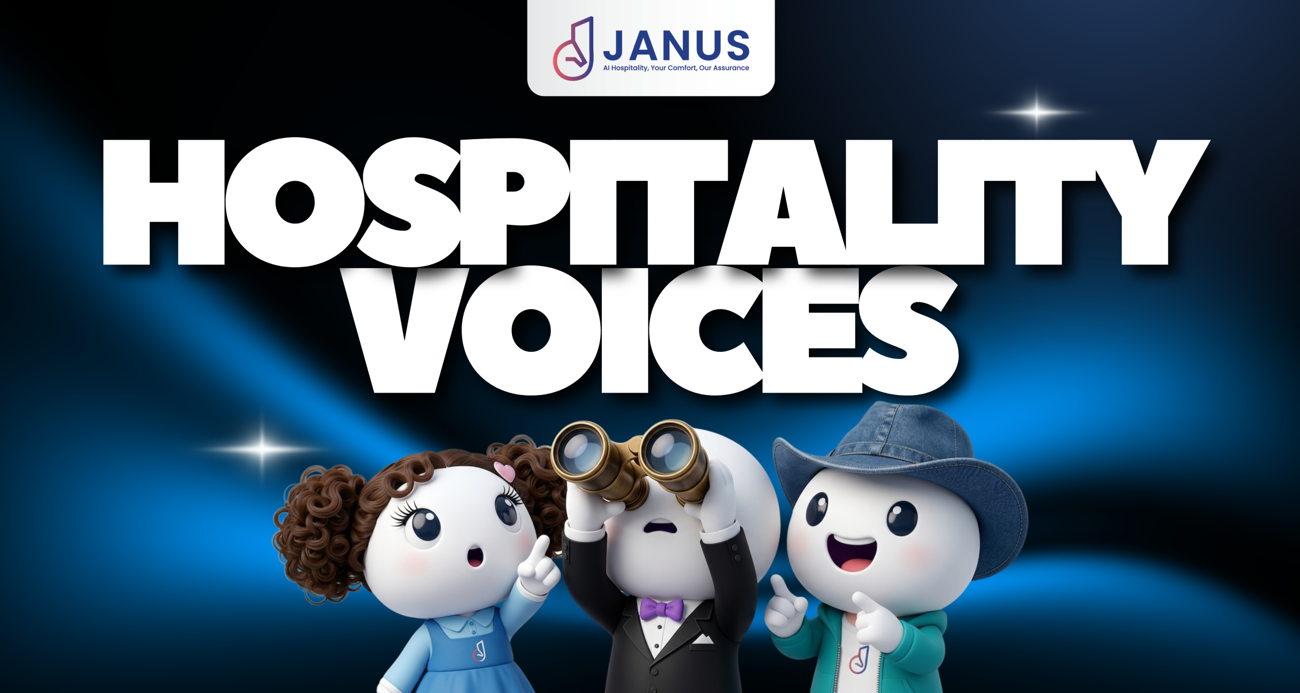 Three cartoon hospitality mascots pose before a blue gradient background with the bold 'HOSPITALITY VOICES' title and a Janus logo at the top.