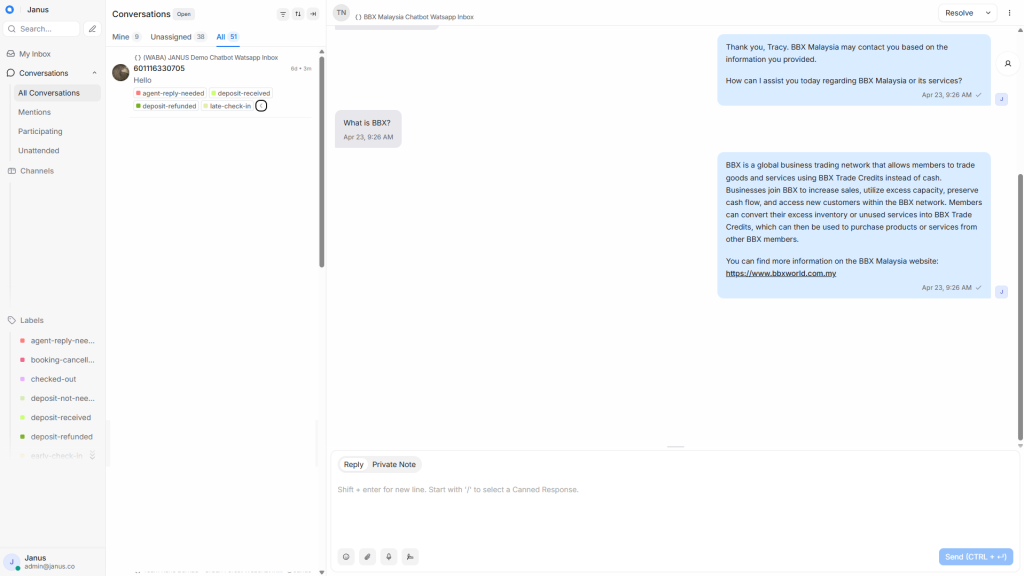 Chat dashboard showing conversations list on the left and a conversation with BBX Malaysia support on the right? and blue reply bubbles on the right side showing service info.