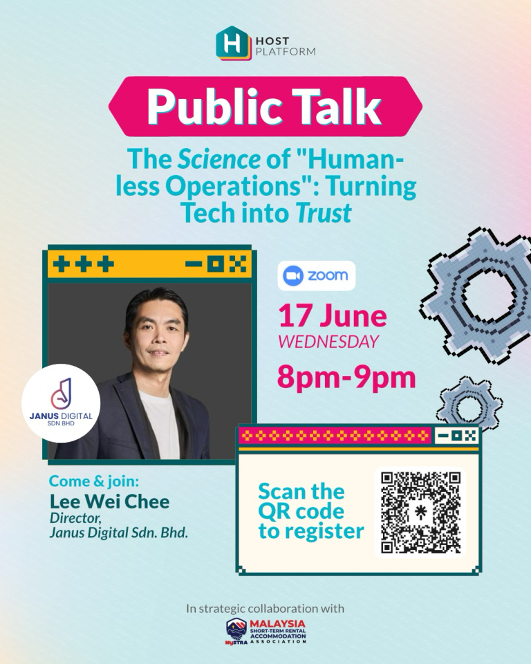 Poster for a Public Talk titled 'The Science of Human-less Operations: Turning Tech into Trust' hosted by Host Platform, with Zoom logo and date 17 June (Wednesday) 8pm–9pm; features speaker Lee Wei Chee, Director of Janus Digital Sdn. Bhd., and a QR code to register.