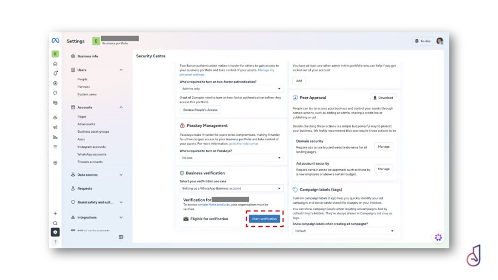 Screenshot of a dashboard's Security Centre with settings panels and a blue 'Start verification' button (highlighted).