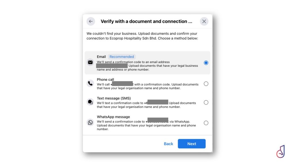 Verification dialog offering contact options: Email, Phone call, SMS, or WhatsApp with Back and Next buttons, sao on screen.