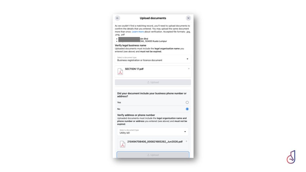 Modal dialog titled 'Upload documents' with form fields to select document type, upload a file (e.g., SECTION 17.pdf), verify business name, answer if the business phone number/address is included, and a bottom 'Upload' button. A small logo sits bottom-right of the screen.