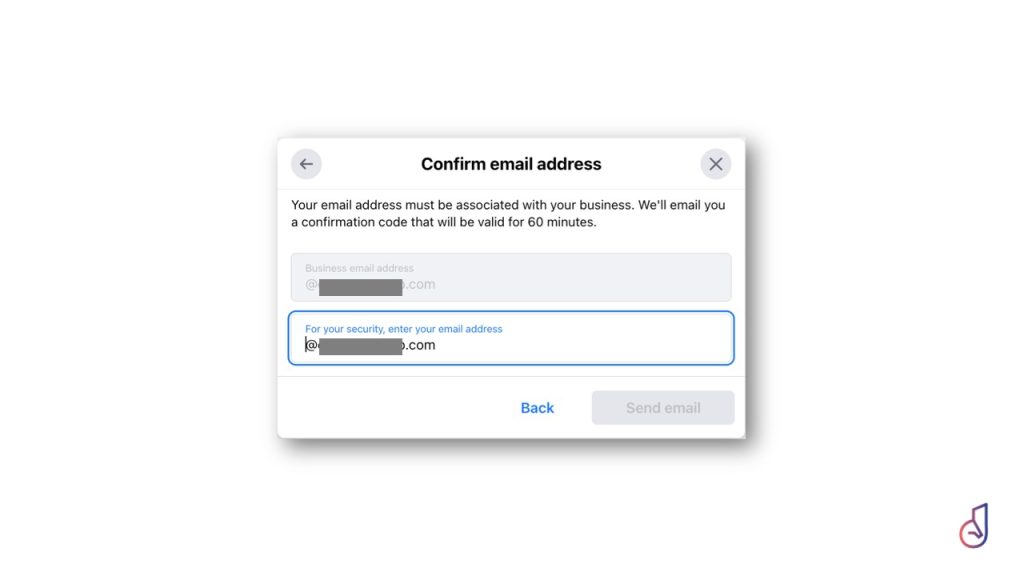 Modal dialog titled 'Confirm email address' with two input fields for business and security email and a disabled 'Send email' button, plus a Back control and close icon.