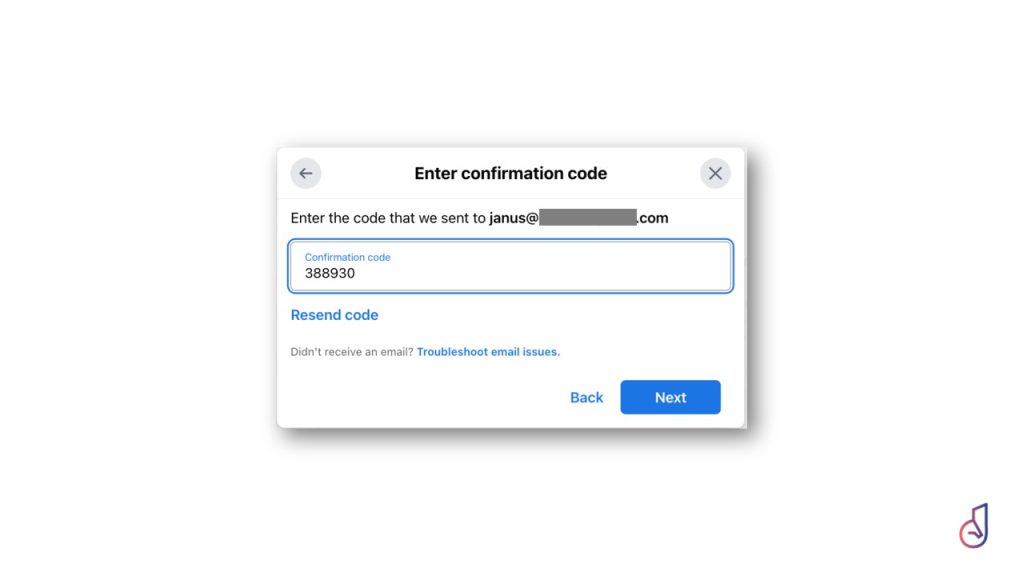 Modal titled 'Enter confirmation code' asking for the code sent to janus...com; input field shows code 388930; links: Resend code; buttons: Back and Next.