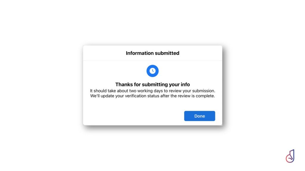 Dialog box titled Information submitted with a thank-you message and a blue Done button.