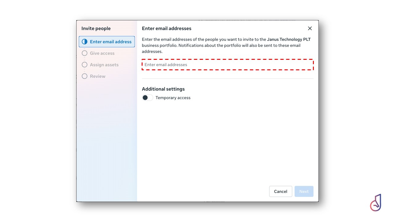 Modal invite dialog: Enter email addresses step with a highlighted input field, Temporary access toggle, Cancel and Next buttons.