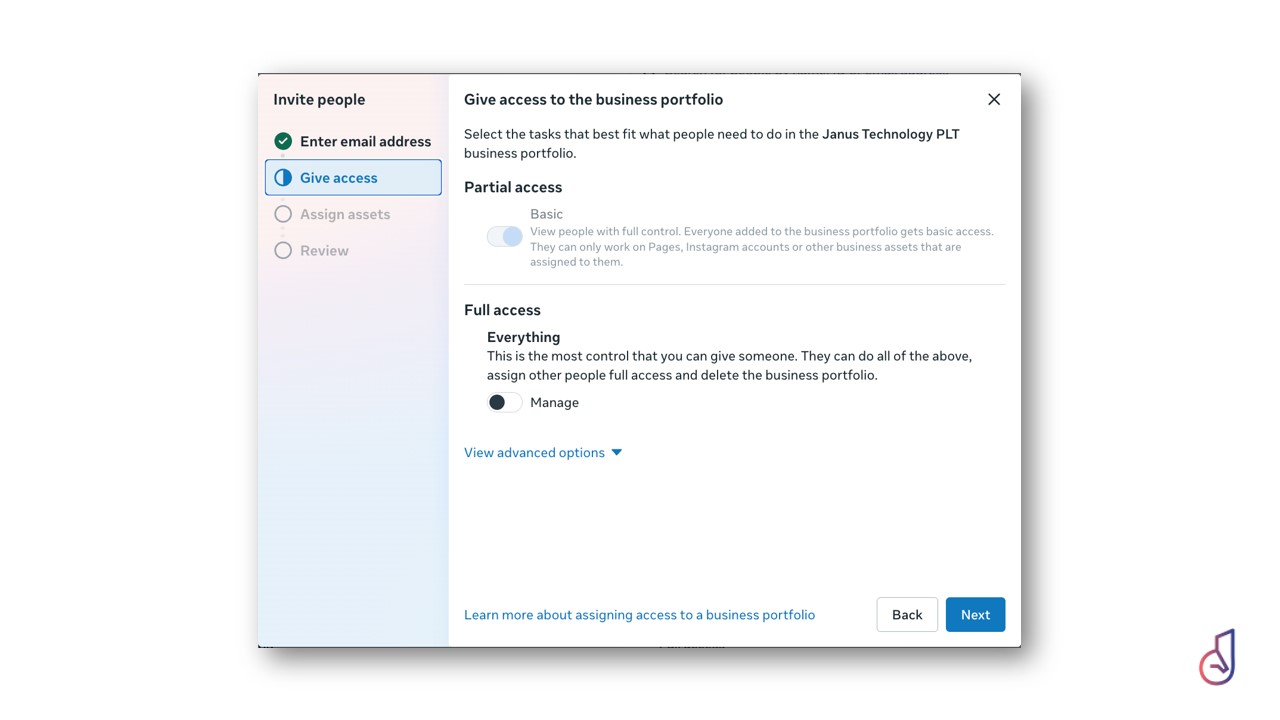 Modal dialog for assigning access to a business portfolio, showing Basic/Full access options and a Next button.