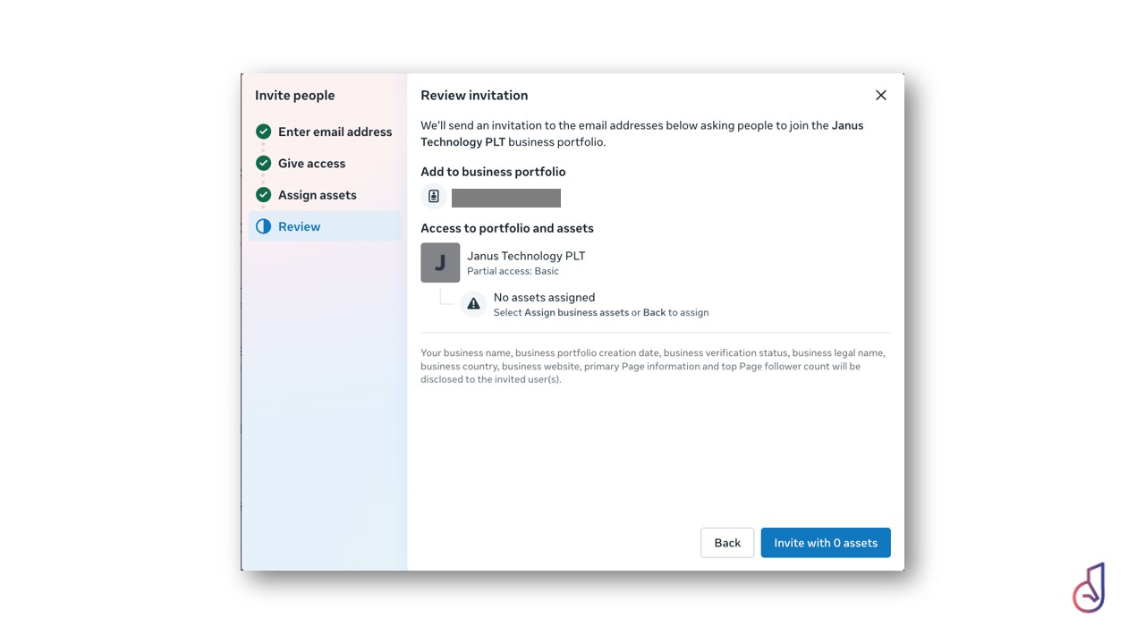 Screenshot of a modal titled 'Review invitation' in a web app, summarizing steps to invite contacts and share assets with a portfolio administrator (Back and Invite with 0 assets buttons).