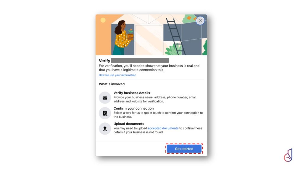 Modal dialog titled 'Verify' with steps to confirm business details, connection, and documents, and a blue 'Get started' button