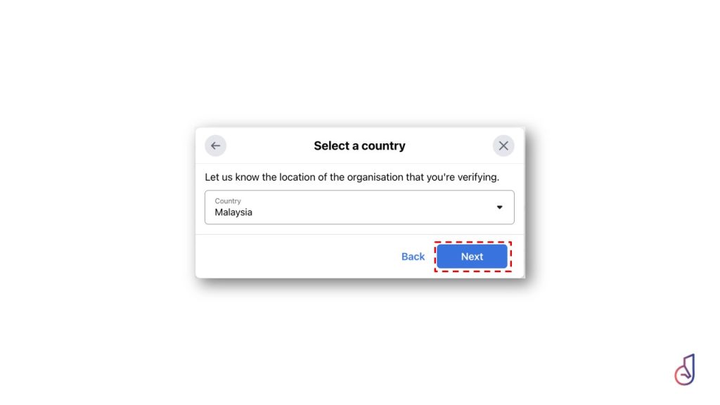 Modal: 'Select a country' with a country dropdown showing Malaysia and a highlighted Next button on the right side.
