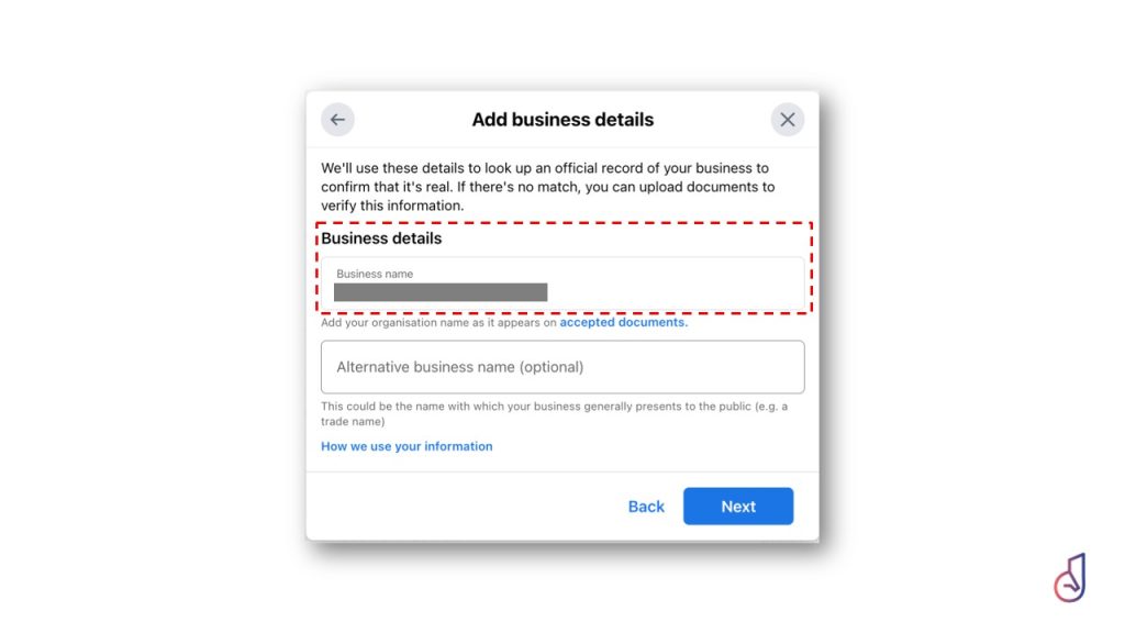 Modal titled Add business details with fields for Business name and optional alternative name, and Back/Next buttons.