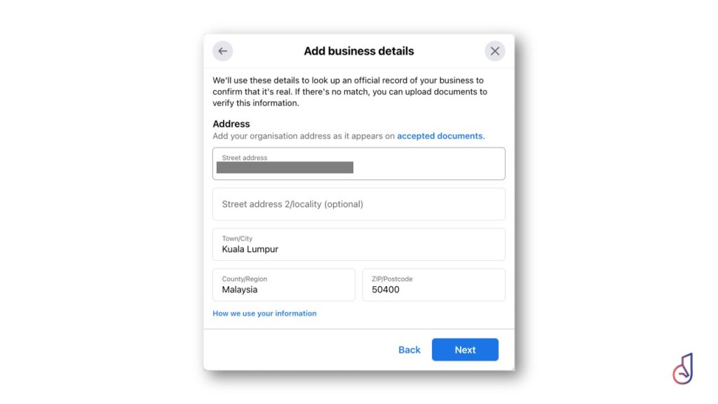 Modal titled 'Add business details' with address fields (street, city Kuala Lumpur, Malaysia, ZIP 50400) and Back/Next buttons.