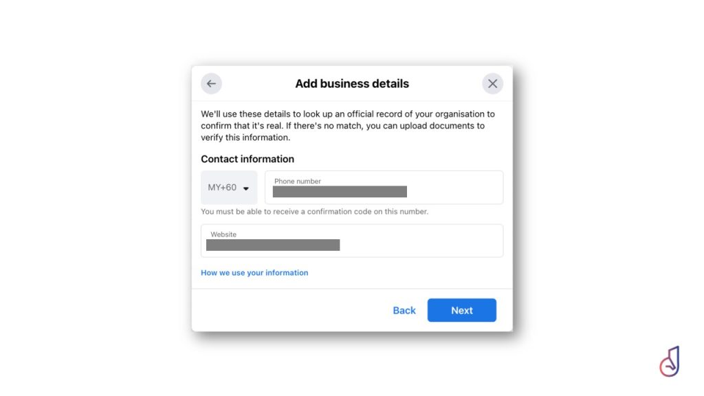 Dialog titled 'Add business details' with contact info form (country code, phone, website) and Back/Next buttons.