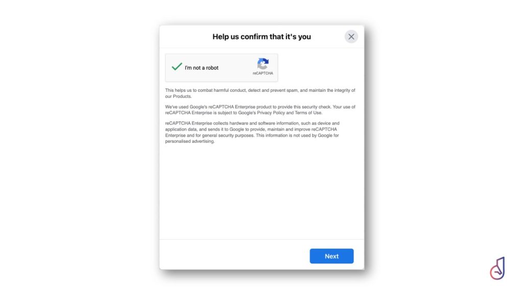 Modal CAPTCHA: 'Help us confirm that it's you' with a 'I'm not a robot' checkbox and Next button on the bottom right.